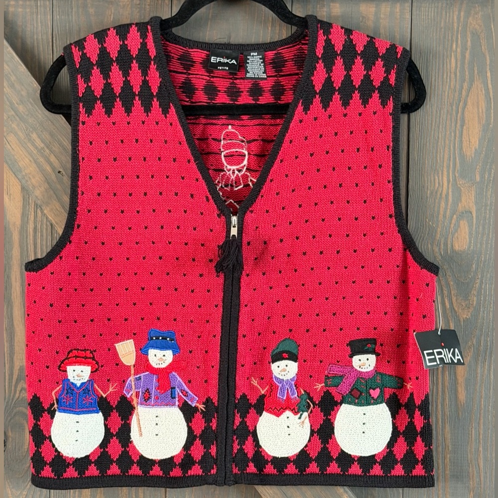 Erika Red Knit Vest with Snowman Design Christmas Holiday Winter Sweater Vest PM